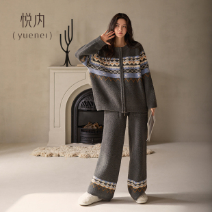 悦内半边绒睡衣女秋冬季 珊瑚绒家居服复古费尔岛冬天保暖毛绒 冬款