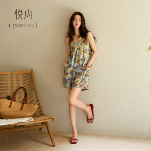 悦内带胸垫睡衣女夏季 夏天冰丝绸吊带背心短裤 家居服时尚 度假套装