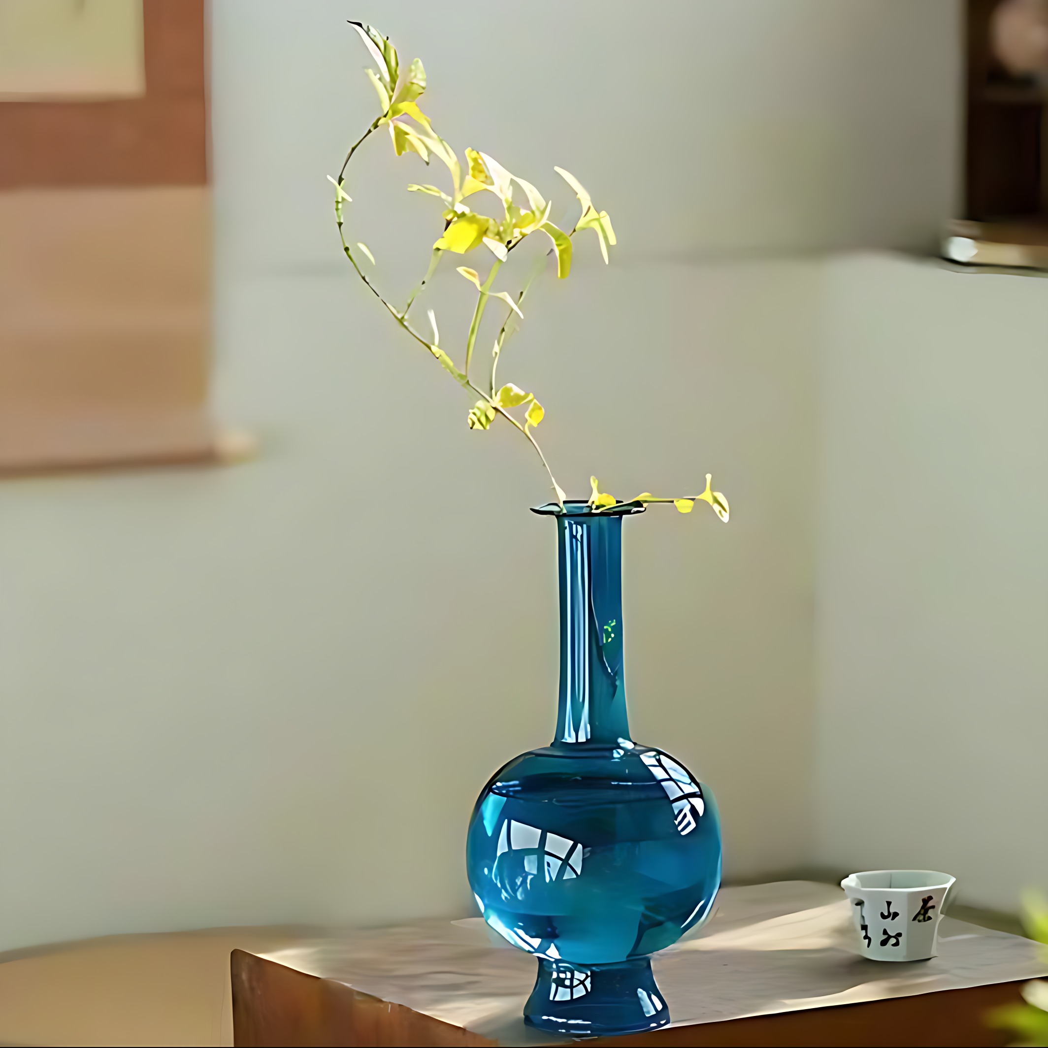 孔雀蓝新中式玻璃花瓶茶室摆件