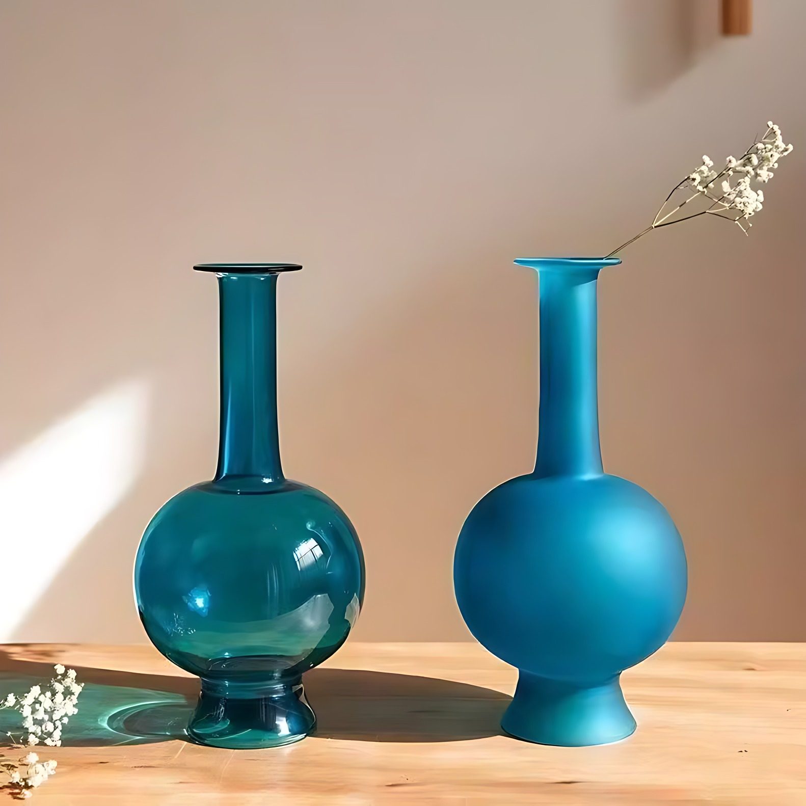 孔雀蓝玻璃花瓶禅意磨砂水培摆件
