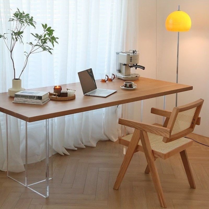 北欧实木餐桌家用小户型亚克力悬浮长条工作台书房简约靠墙电脑桌