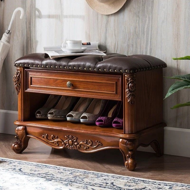 美式全实木换鞋凳进门口储物椅子收纳凳现代穿鞋凳凳子家用特价