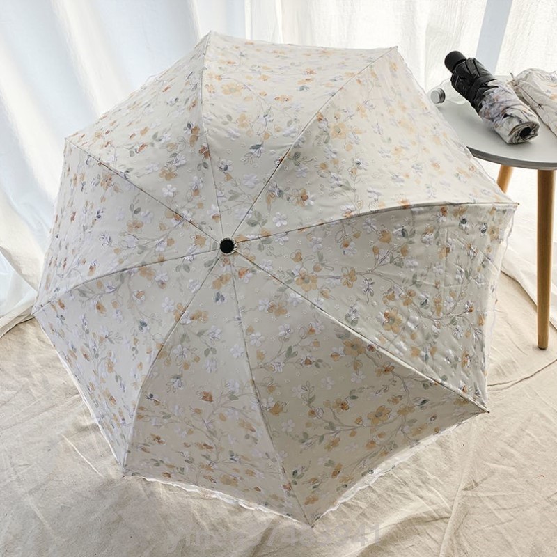 双层蕾丝太阳伞防晒防紫外线网纱绣花女黑胶遮阳晴雨两用三折雨伞