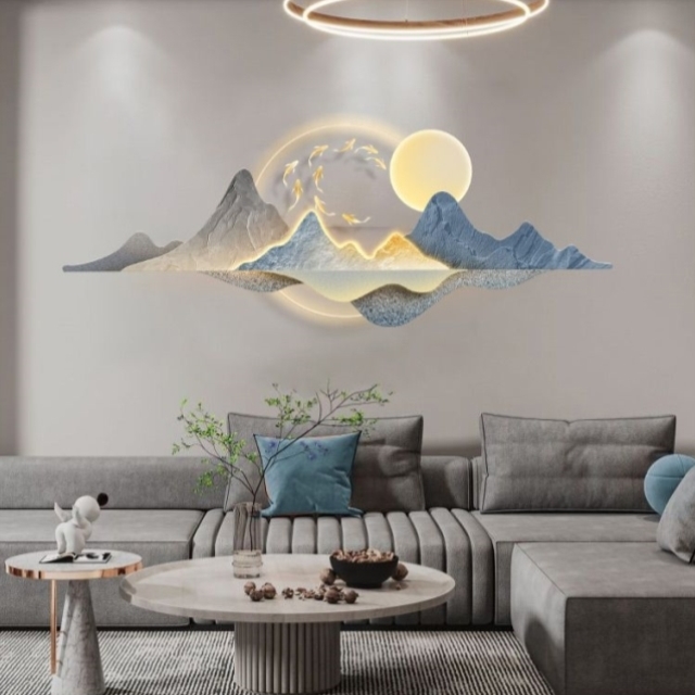 现代轻奢客厅装饰画九鱼图高档大气led灯画沙发背景墙挂画立体图片