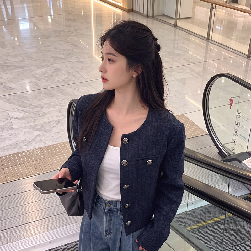 蓝色小香风羽绒外套女2026春秋新款法式小个子高级感羊毛短款上衣