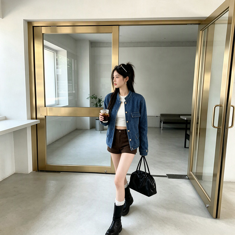 蓝色小香风外套女短款春秋季小个子高级感美式立领老钱风夹克上衣