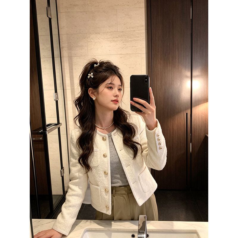 白色小香风羽绒外套女加厚2026新款春秋套装小个子高级感短款上衣