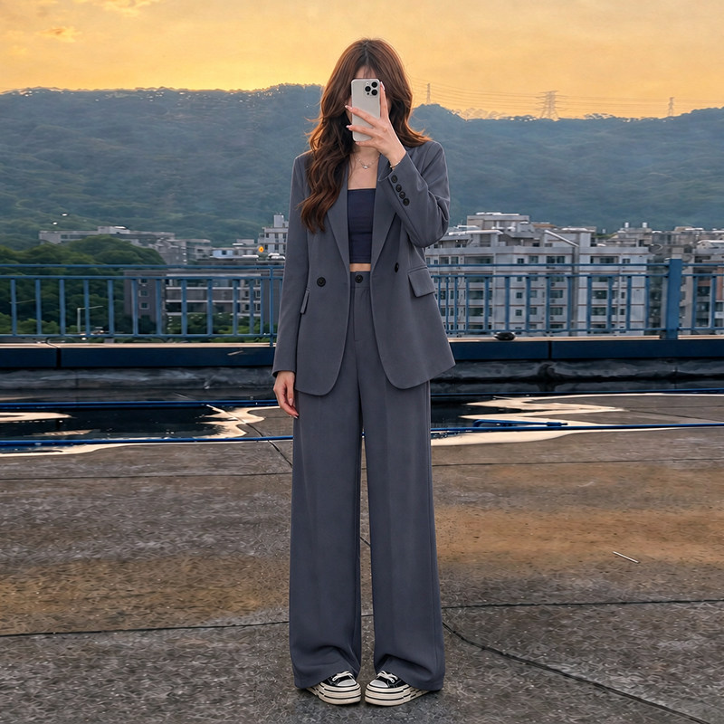 深灰色小西装外套女春秋2026新款小个子高级感两件套休闲西服套装