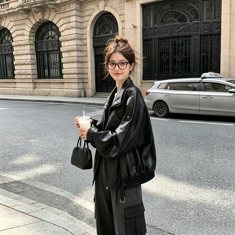 黑色皮衣羽绒外套女春秋冬2026新款小个子高级感加绒机车服皮夹克
