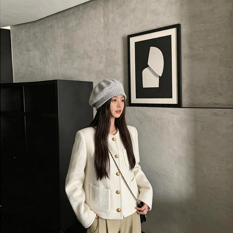 白色小香风套装羽绒外套女春秋小个子高级感法式羊毛加厚短款上衣