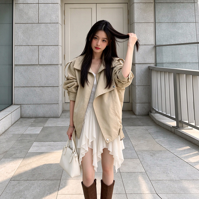 卡其色短款风衣外套女早春秋季韩系小个子高级感宽松薄款立领大衣