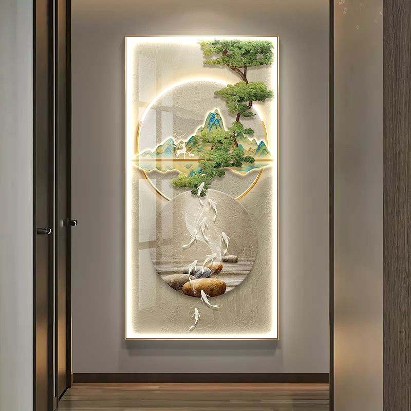 九鱼石头靠山晶瓷画走廊玄关装饰画竖版新中式过道LED树背景挂画图片
