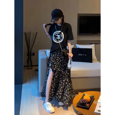 欧货碎花荷叶边开衩中长款半身裙女2026春夏复古百搭高腰性感长裙