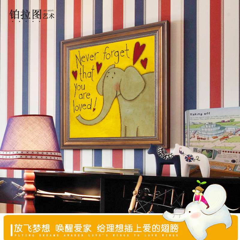可爱动物美式装饰画儿童房简欧床头卧室手绘挂画卡通大象狮子猴子图片