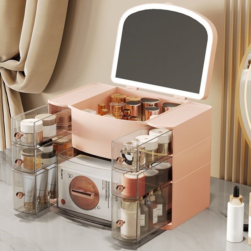 化妆品收纳盒护肤品梳妆台桌面防尘大容量口红镜子带灯一体置物架