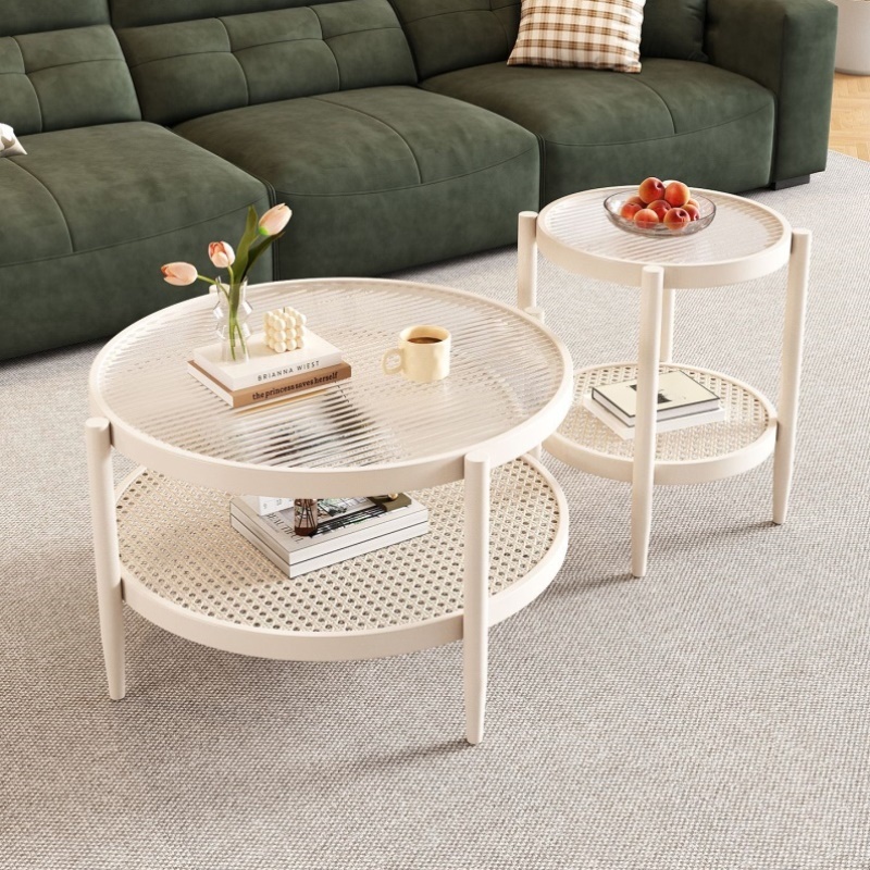 北欧藤编茶几小户型圆形双层玻璃客厅家用日式简约茶几组合