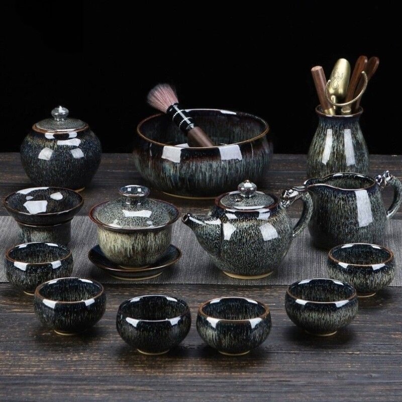 窑变功夫茶具套装建盏家用陶瓷泡茶壶盖碗中式商务礼盒茶具一整套