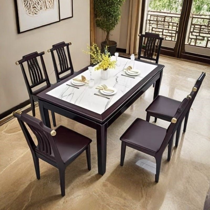 新中式餐桌岩板餐桌椅组合长方形实木现代简约家用小户型桌子饭桌