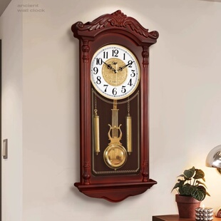 中式复古老式挂钟客厅家用仿实木石英钟欧式创意静音挂墙壁时钟表