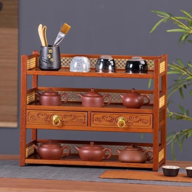 桌面茶具杯架实木置物架收纳架三层小型紫砂壶博古架摆放架带抽架