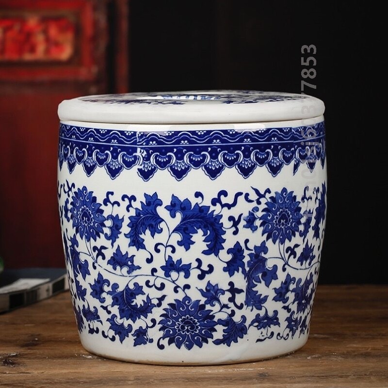 景德镇青花凳子腌肉陶瓷米缸油缸水缸米桶茶叶罐10斤10kg密封防虫