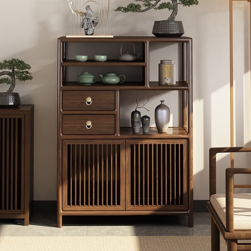 新中式博古架乌金色多宝阁置物架实木展示柜矮柜茶室边柜茶叶茶柜