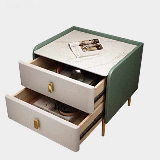 全实木儿童岩板床头柜意式轻奢简约现代卧室超窄海军蓝收纳床边柜