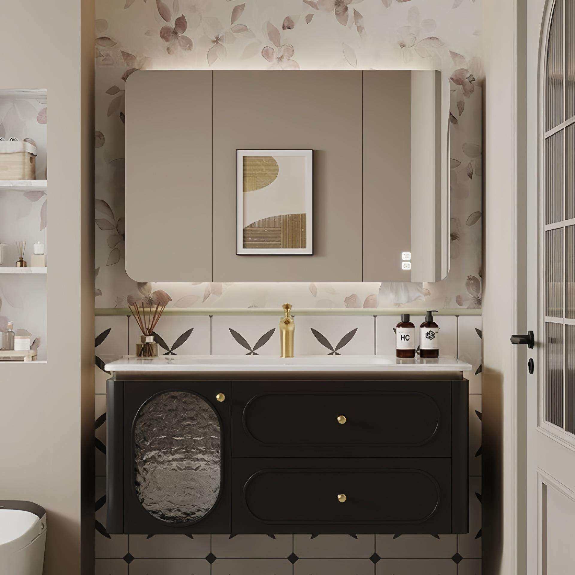 法式橡木烤漆中古风卫生间浴室柜组合陶瓷一体盆防潮洗脸洗漱台盆