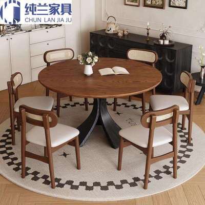 复古风实木餐桌家用小户型窈窕圆桌中古风客厅实用复古圆形吃饭桌