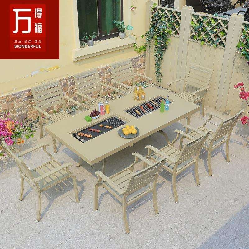 户外烧烤桌椅铸铝商业室外休闲木炭烧烤桌庭院家用院子电烤碳烤炉