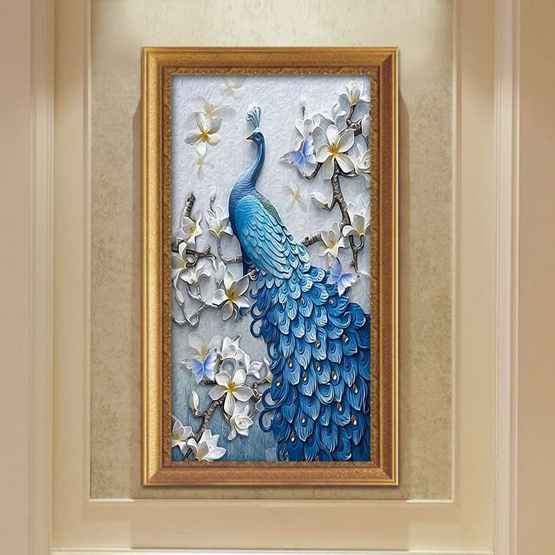 入户玄关装饰画孔雀壁画美式油画3d立体欧式走廊挂画竖版现代过道图片