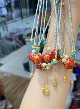 速发大漆珠锁骨链项链 女款  18mm 古法金蓝铃花吊坠TY485