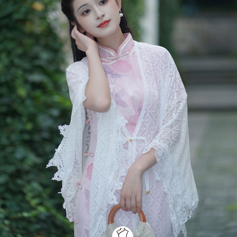 花开栀夏  j文艺复古百搭白色蕾丝披肩配旗袍外搭
