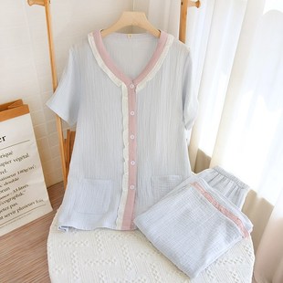 睡衣女夏天薄款 家居服套 简约纯o色纯棉纱布绉布全棉V领短袖 七分裤