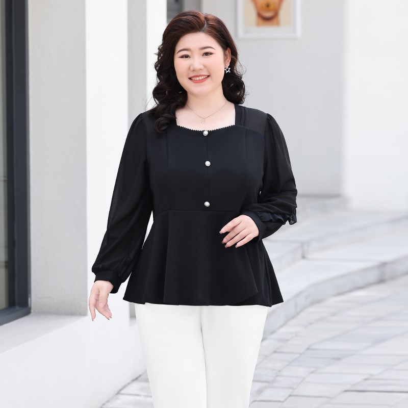 加大码女装胖mm春季新款t恤方领气质胖妈妈宽Q松长袖洋气打底上衣