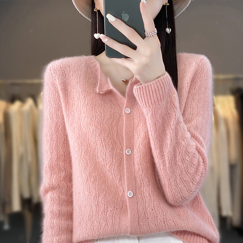 100%羊绒开衫外套女23春秋款圆领镂空长袖针织N宽松毛衣羊毛衫外