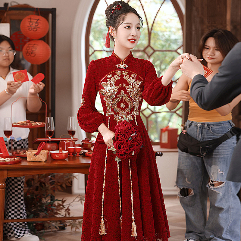 敬酒服新娘高级感小个子订婚礼服长袖中式旗袍回门便装红色秀禾裙