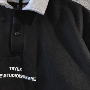 灰色POLO领加绒卫衣男春秋款男装美式翻领春季休闲情侣装上衣男生