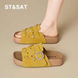 星期六真皮厚底外穿高级感凉拖女2026夏季 复古百搭水钻一字拖 新款