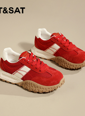 星期六红色本命年轻便舒适德训鞋女2026春季新款大红结婚休闲单鞋