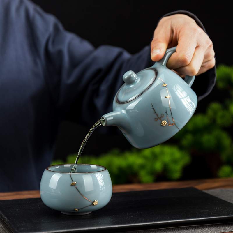 锔钉茶壶汝窑一壶二杯功夫泡茶壶茶杯茶具小套装盖碗复古陶瓷补钉