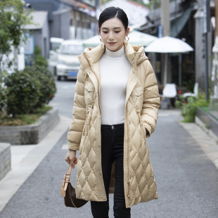 冬季 反季 韩版 清仓连帽羽绒服女长款 加厚90白鸭绒保暖外套 过膝款