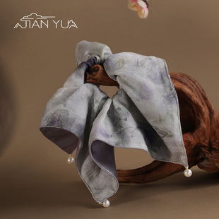 新中式 紫色玫瑰花方巾发圈莫奈油画风发绳气质珍珠吊坠马尾发饰女