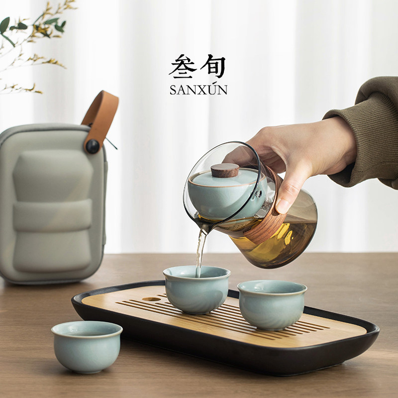 三旬汝窑转转泡自动泡茶壶便携式快客杯一壶三杯高档旅行茶具套装