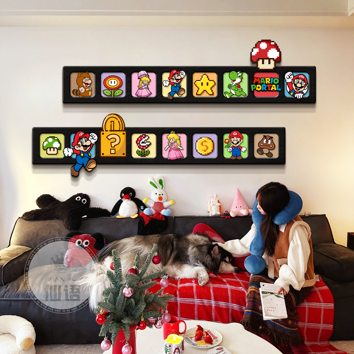 马里奥客厅装饰画多巴胺沙发背景墙挂画儿童房卧室横版窄长条壁画