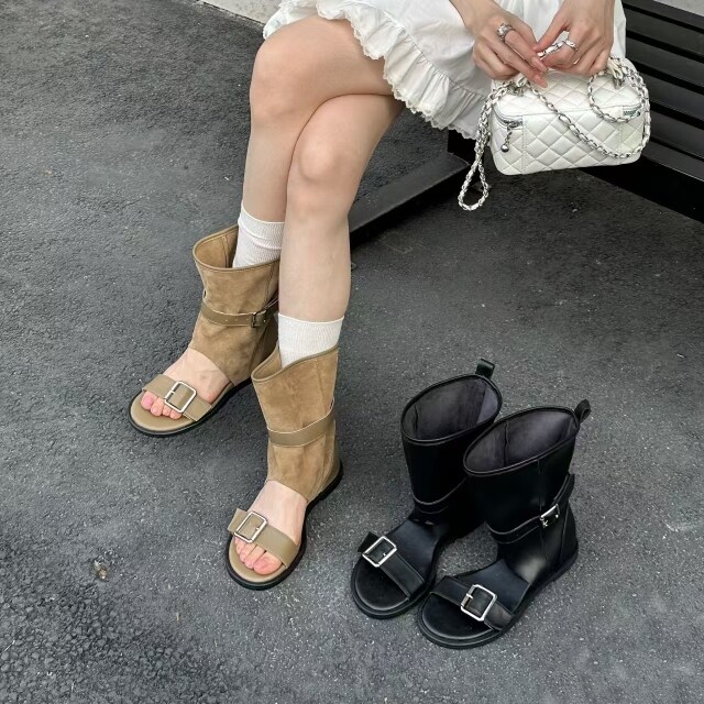 艾模儿26春夏新款复古风皮带扣凉靴女内增高罗马风百搭小众设计感