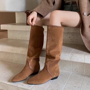 艾模儿法式时尚高端胎牛绒慵懒风尖头皱皱靴西部靴气质时尚长筒靴