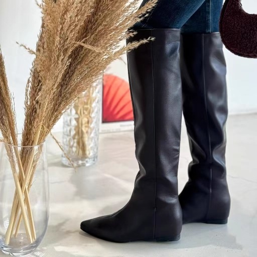 艾模儿25冬加绒加厚复古高筒骑士靴过膝长靴皮质时装靴内增高皮