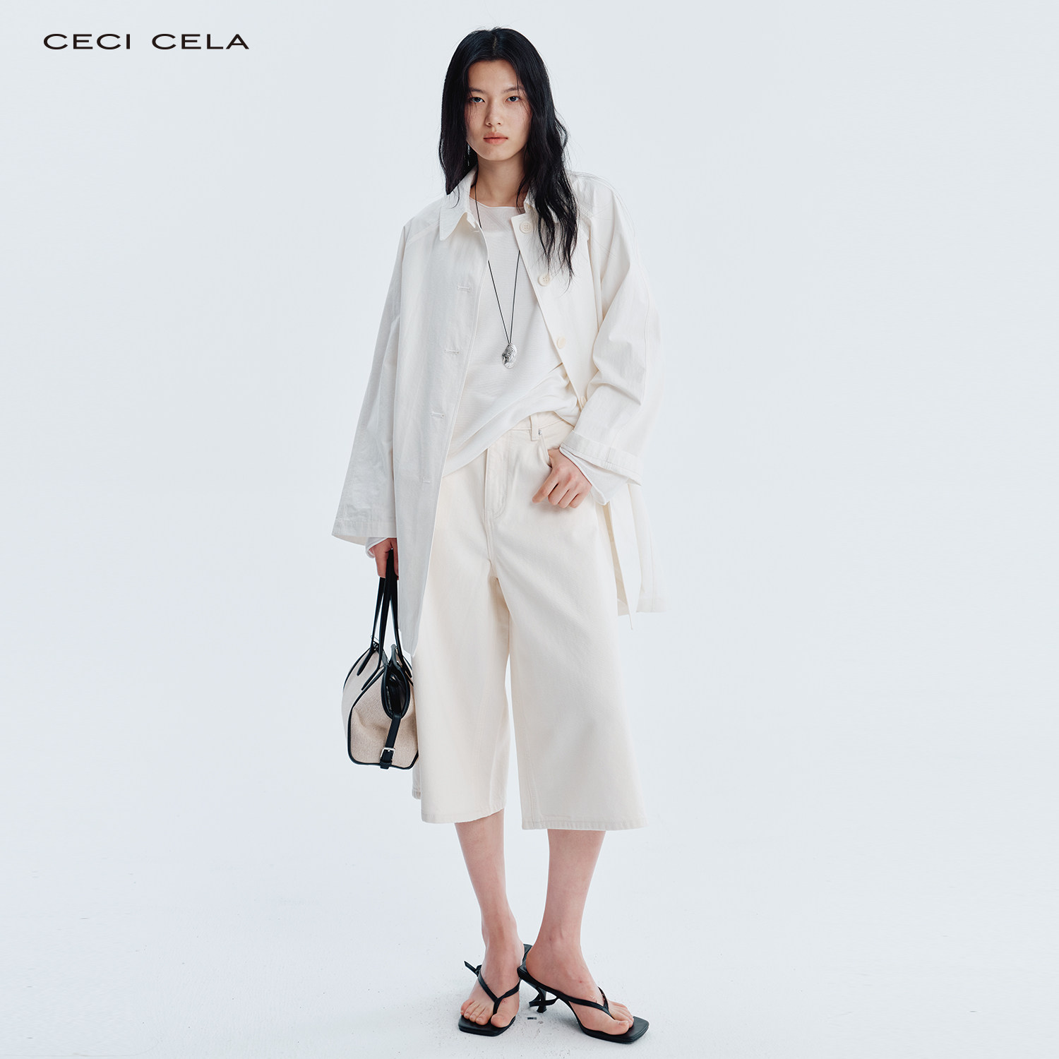 CECICELA油丝可立领两穿风衣长袖单排纽扣休闲宽松中长款翻领外套