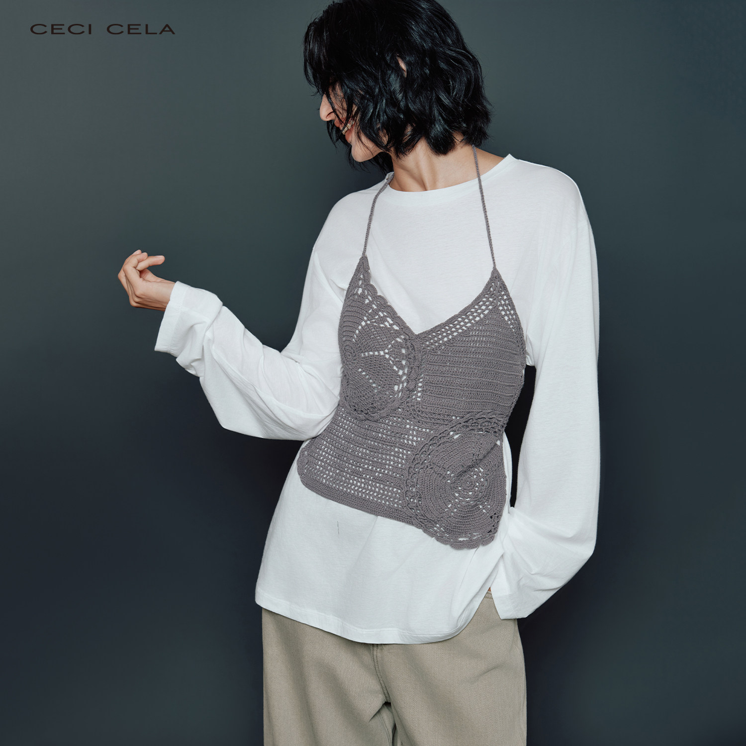 CECI CELA 手工钩针镂空花纹V领细肩带后背绑绳针织背心